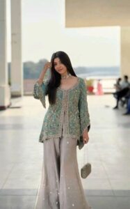 Oxidized Sage Green Tunic with Antique Silver & Gold Abaya Style Sharara oxidized sage green tunic with antique silver & gold